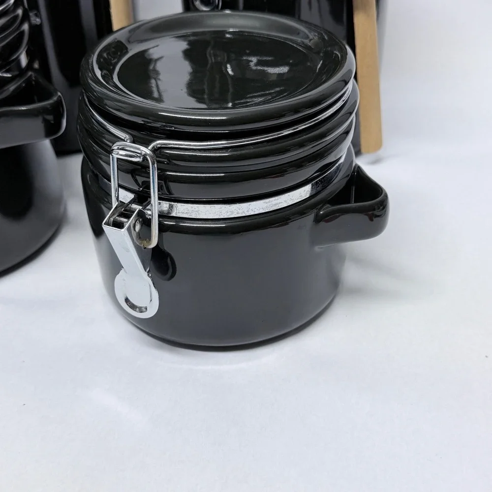 Black Ceramic Canister Set 4 Piece Airtight Locking Lids with Wooden Spoons